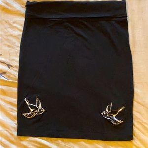 Stretchy Black Mini Skirt w/ Embroidered Swallows